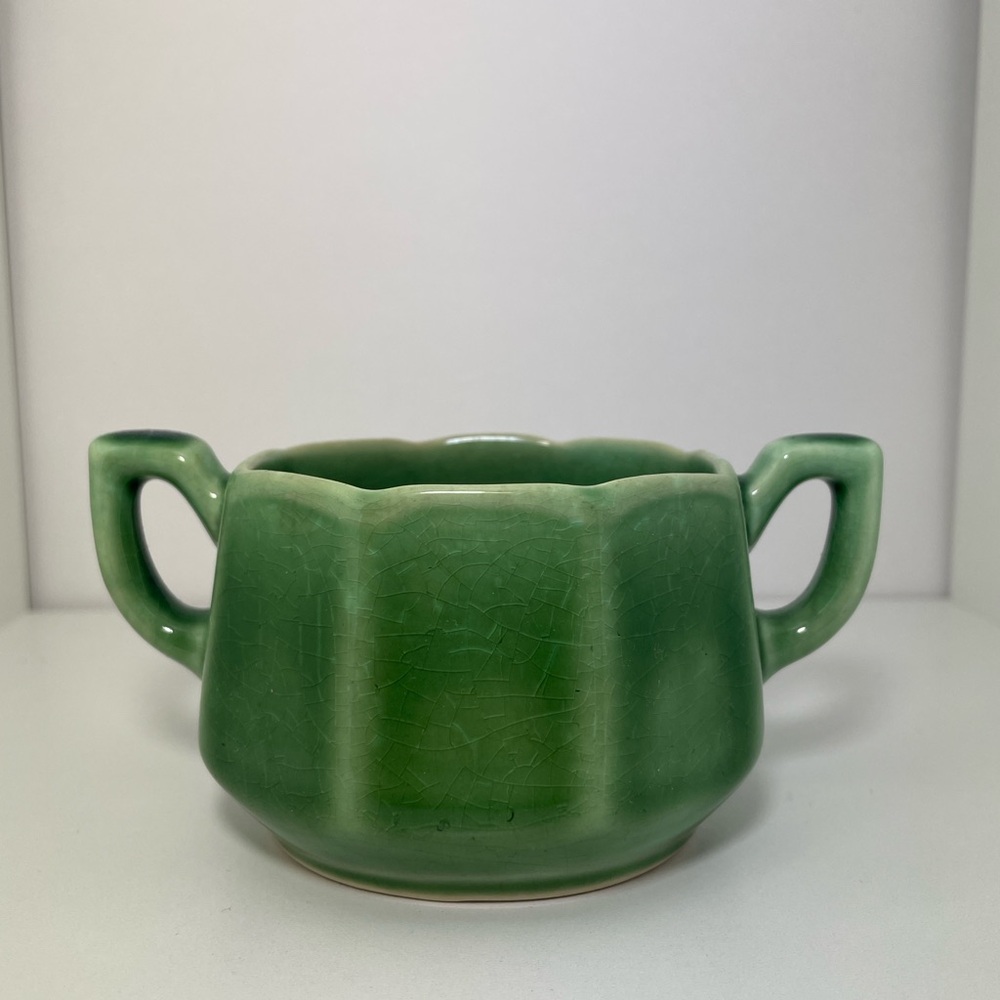 Vintage Green Ceramic Double-Handled Bowl